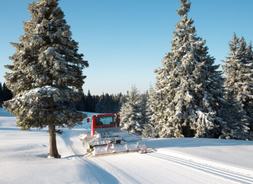 "Grooming machine preparing the snow for cross country skiing. Rogla, Slovenia."